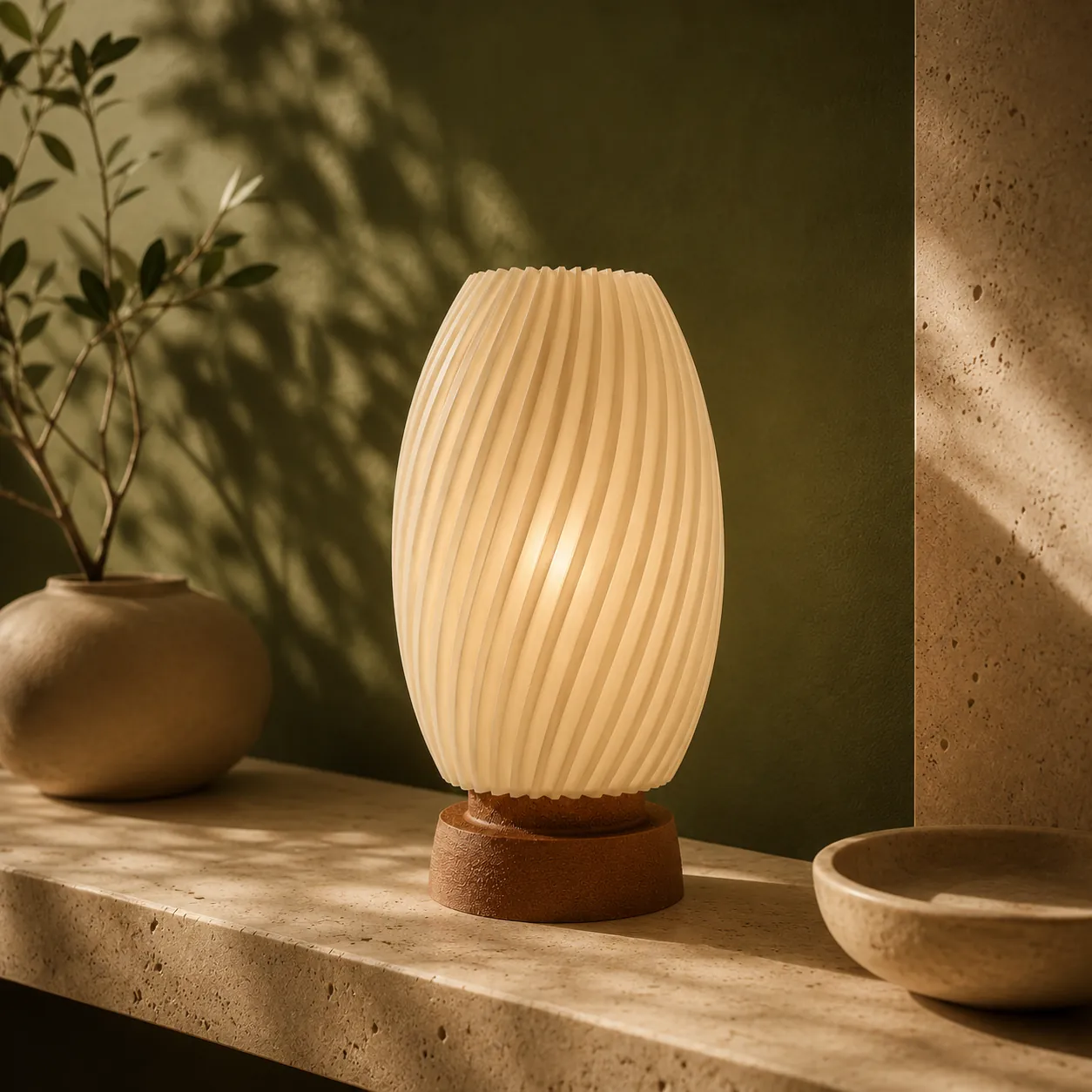 Lámpara Coral encendida sobre una repisa de piedra