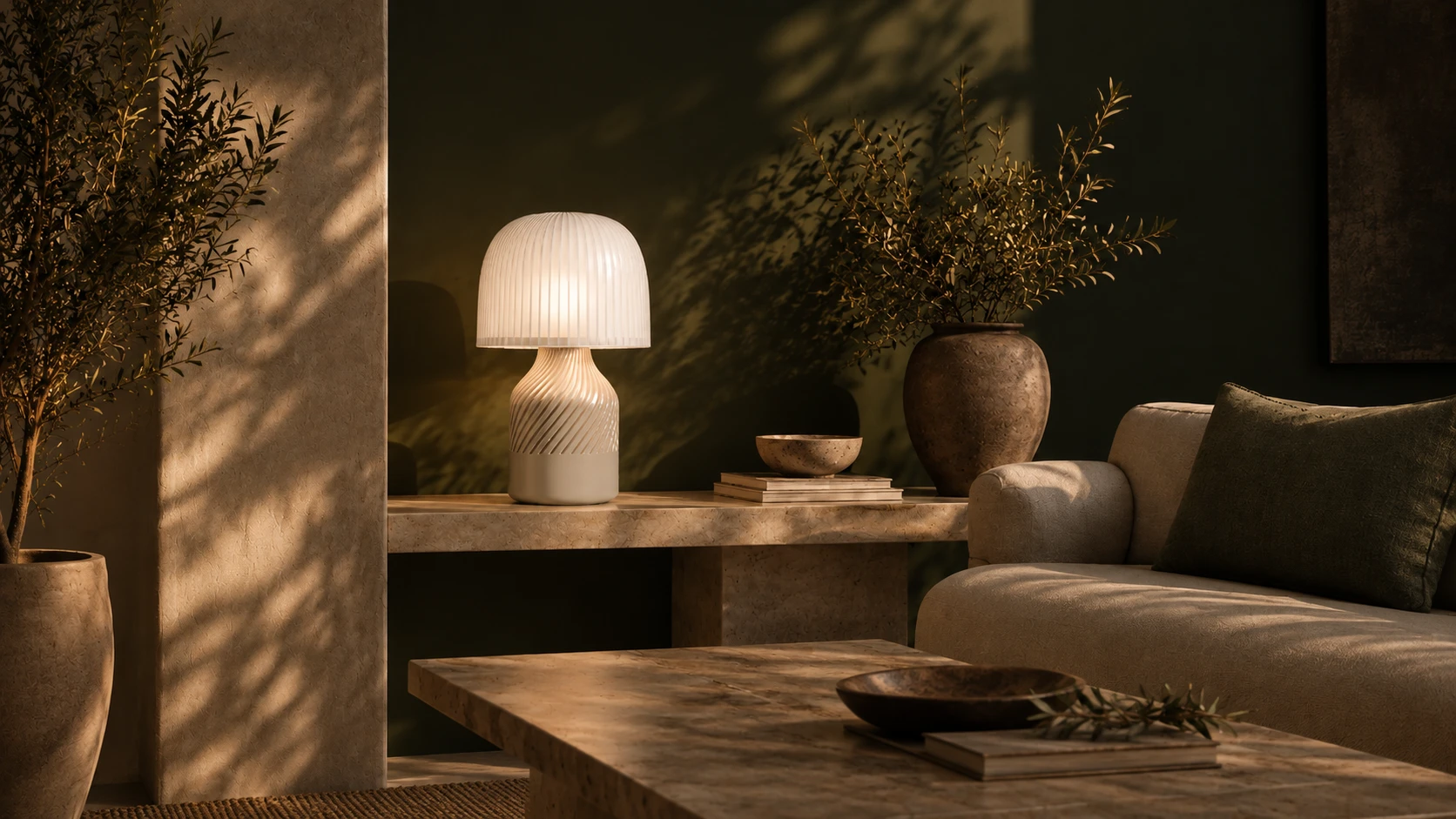 Lámpara Habito encendida en una sala de estar oscura y cálida, junto a plantas de olivo